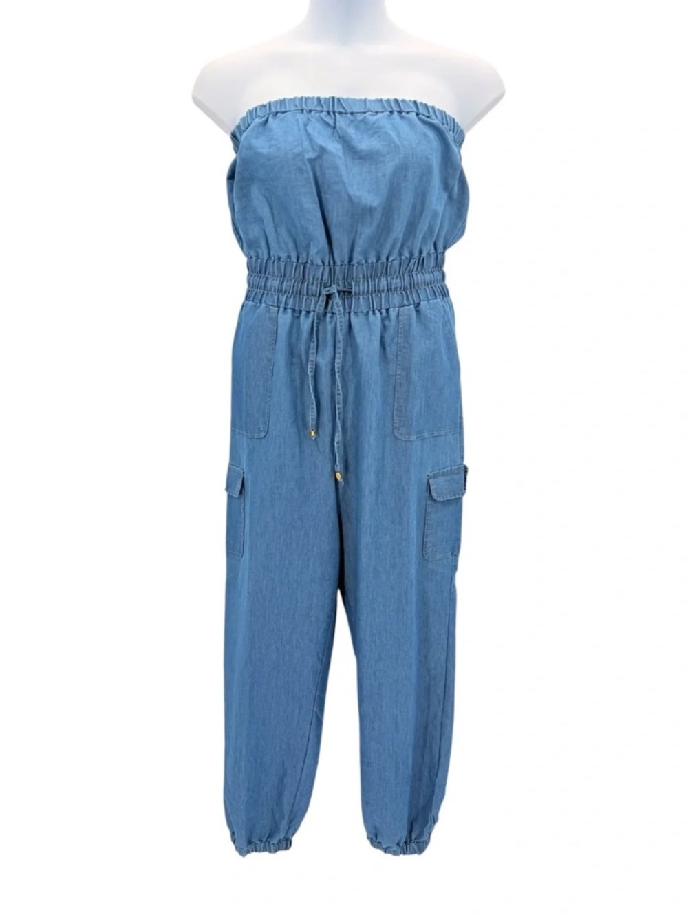 A Hint of Blush Strapless Chambray Cargo Jogger Jumpsuit Smocked Waist 2X - Picture 2 of 9